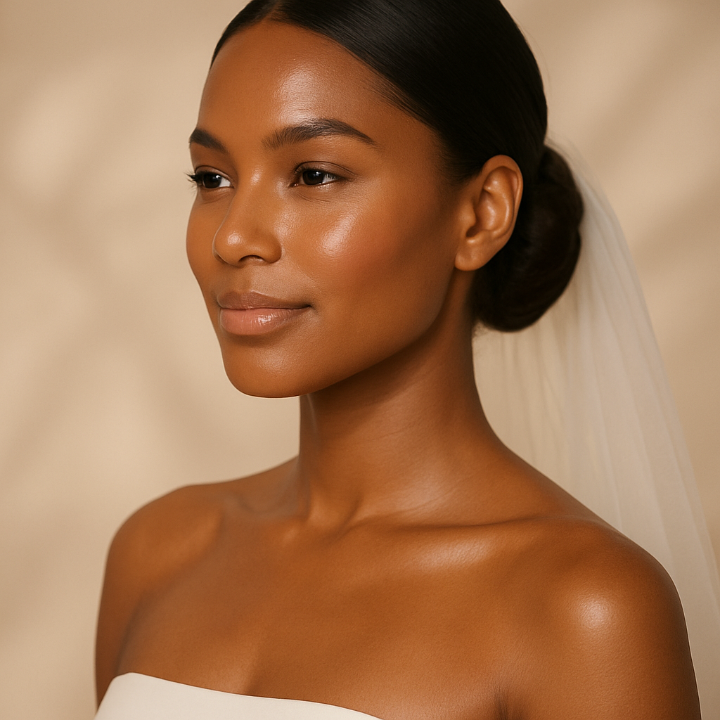 Sarah M., bride laughing on wedding day with glowing skin